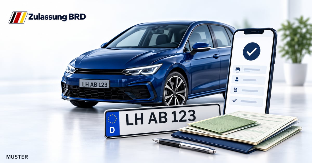 Online Fahrzeugzulassung in Billerbeck: Musterkennzeichen LH AB 123, Auto und Fahrzeugpapiere und Smartphone. Illustration mit Logo von Zulassung BRD.